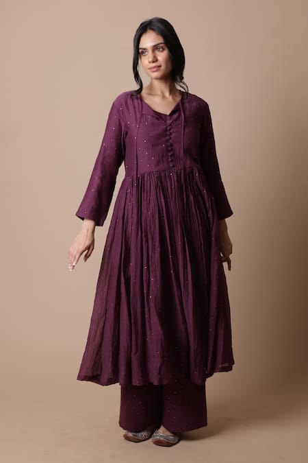 Buy_Rhua_Purple Chanderi, Cotton, Silk Nitya Placement Embroidered Anarkali And Pant Set _Online_at_Aza_Fashions