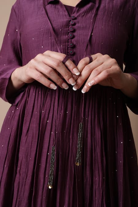 Shop_Rhua_Purple Chanderi, Cotton, Silk Nitya Placement Embroidered Anarkali And Pant Set _Online_at_Aza_Fashions