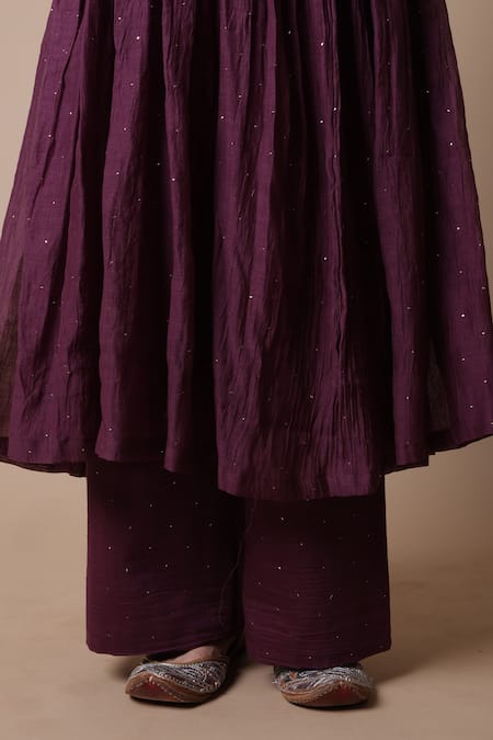 Rhua_Purple Chanderi, Cotton, Silk Nitya Placement Embroidered Anarkali And Pant Set _at_Aza_Fashions