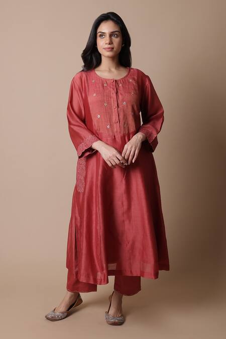 Rhua_Red Chanderi Silk, , Tissue, Satin, Nimai Placement Kurta Set _Online_at_Aza_Fashions