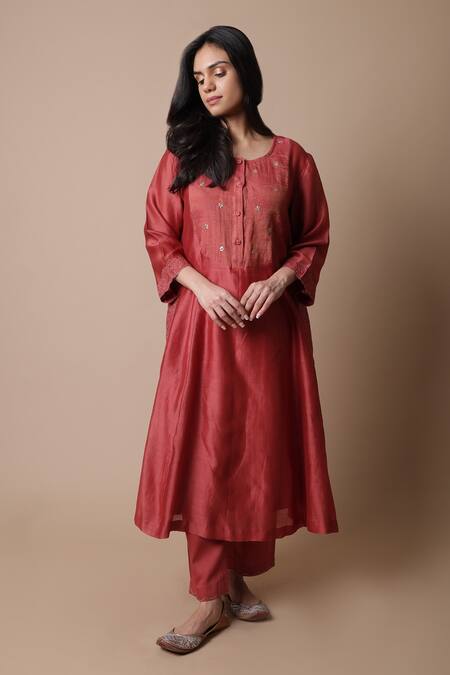 Shop_Rhua_Red Chanderi Silk, , Tissue, Satin, Nimai Placement Kurta Set _Online_at_Aza_Fashions