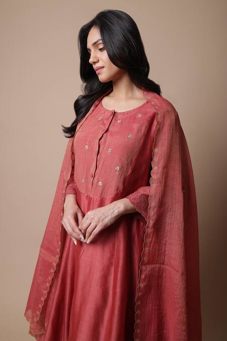 Rhua_Red Chanderi Silk, , Tissue, Satin, Nimai Placement Kurta Set _at_Aza_Fashions