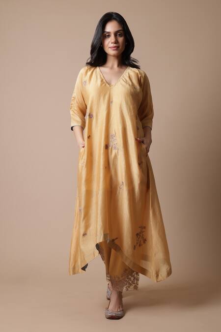 Buy_Rhua_Yellow Silk, Cotton, Silk, Embroidery, Neeti Kurta Pant Set _Online_at_Aza_Fashions