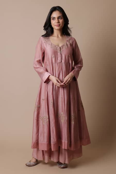 Rhua_Pink Chanderi Silk, Chanderi, Muslin Embroidery Afra Floral Anarkali Set _Online_at_Aza_Fashions