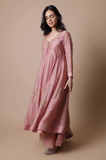 Buy_Rhua_Pink Chanderi Silk, Chanderi, Muslin Embroidery Afra Floral Anarkali Set _Online_at_Aza_Fashions