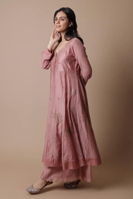 Shop_Rhua_Pink Chanderi Silk, Chanderi, Muslin Embroidery Afra Floral Anarkali Set _Online_at_Aza_Fashions