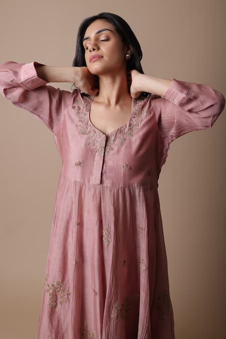 Rhua_Pink Chanderi Silk, Chanderi, Muslin Embroidery Afra Floral Anarkali Set _at_Aza_Fashions