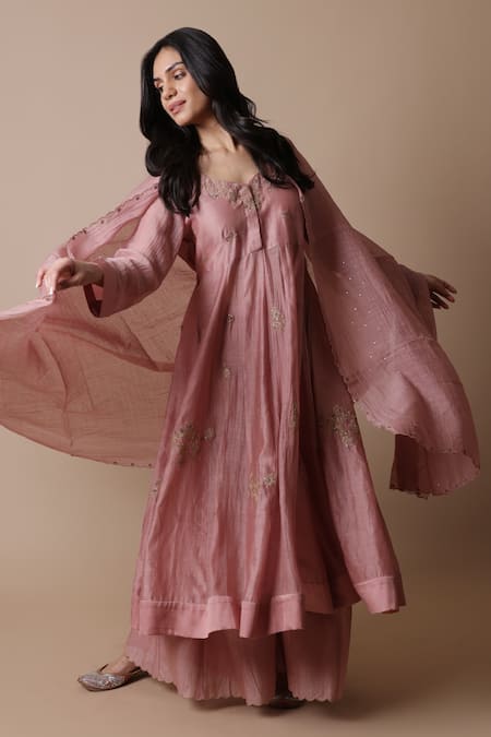 Buy_Rhua_Pink Chanderi Silk, Chanderi, Muslin Embroidery Afra Floral Anarkali Set 