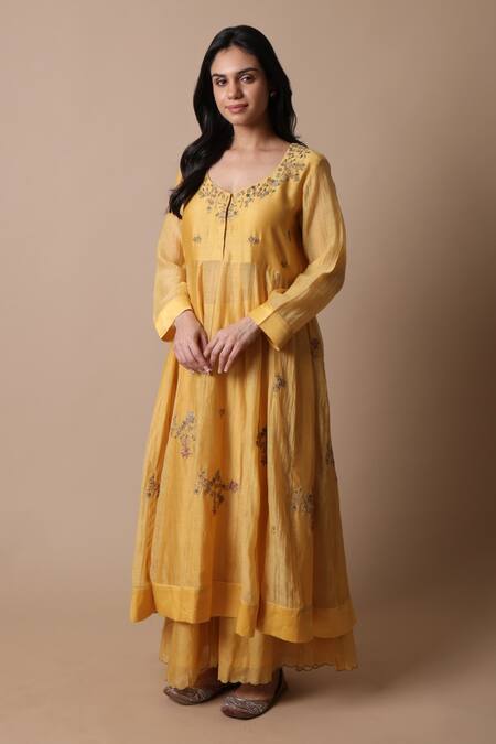 Rhua_Yellow Chanderi Silk, Chanderi, Muslin Zari, Embroidery Afra Anarkali Set _Online_at_Aza_Fashions