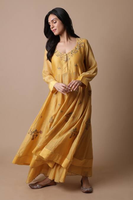 Buy_Rhua_Yellow Chanderi Silk, Chanderi, Muslin Zari, Embroidery Afra Anarkali Set _Online_at_Aza_Fashions
