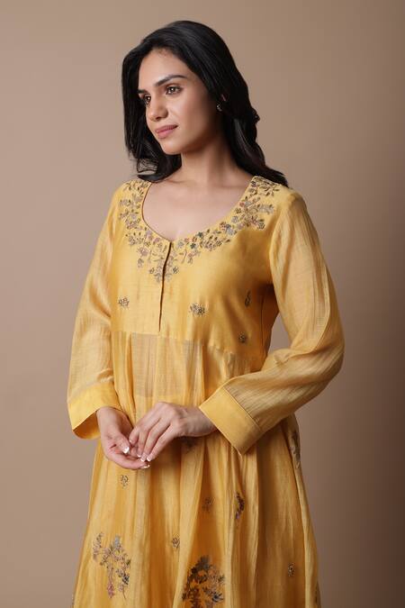 Shop_Rhua_Yellow Chanderi Silk, Chanderi, Muslin Zari, Embroidery Afra Anarkali Set _Online_at_Aza_Fashions