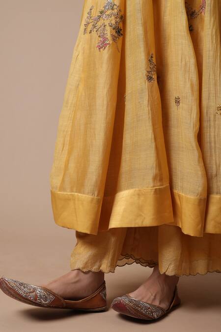 Rhua_Yellow Chanderi Silk, Chanderi, Muslin Zari, Embroidery Afra Anarkali Set _at_Aza_Fashions