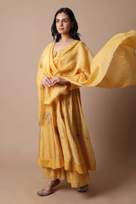 Buy_Rhua_Yellow Chanderi Silk, Chanderi, Muslin Zari, Embroidery Afra Anarkali Set 