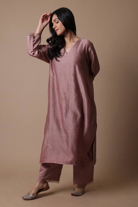 Buy_Rhua_Pink Chanderi Silk, Cotton, Silk, Organza Mirrors V-neck Afsa Kurta Set _Online_at_Aza_Fashions