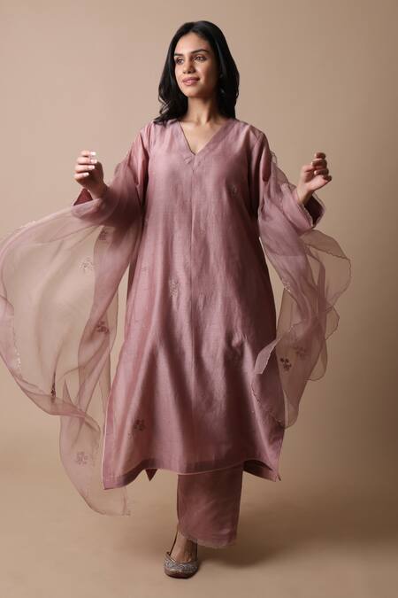 Rhua Pink Chanderi Silk, Cotton, Silk, Organza Mirrors V-neck Afsa Kurta Set 