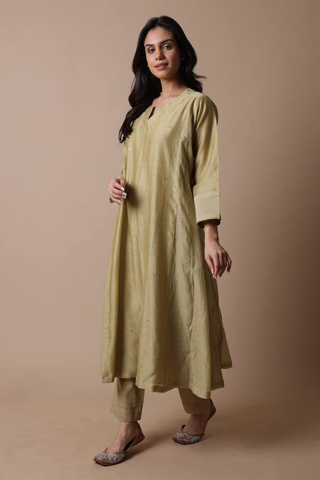 Rhua_Green Muslin, Chanderi, Cotton, Silk Embroidery Adiba Mukaish Work Kurta Set _Online_at_Aza_Fashions