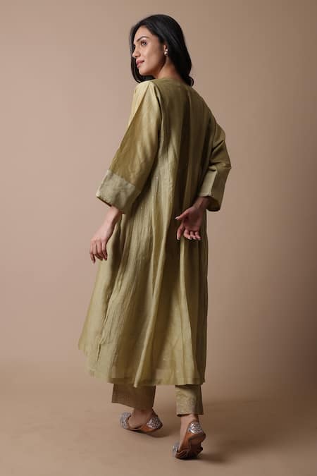 Buy_Rhua_Green Muslin, Chanderi, Cotton, Silk Embroidery Adiba Mukaish Work Kurta Set _Online_at_Aza_Fashions