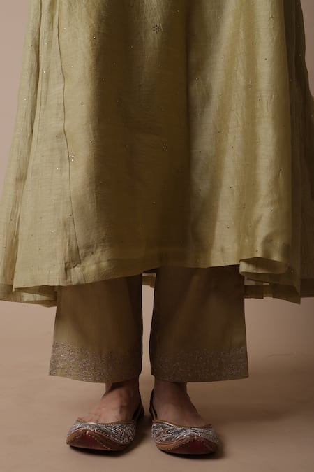 Shop_Rhua_Green Muslin, Chanderi, Cotton, Silk Embroidery Adiba Mukaish Work Kurta Set _Online_at_Aza_Fashions