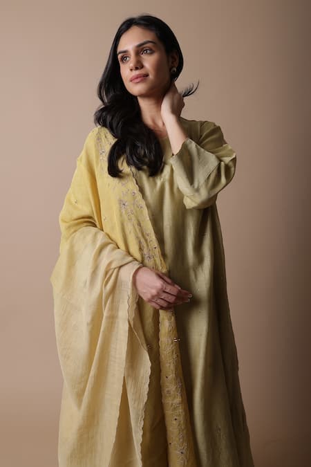 Buy_Rhua_Green Muslin, Chanderi, Cotton, Silk Embroidery Adiba Mukaish Work Kurta Set 