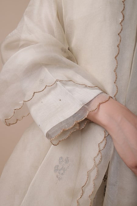 Shop_Rhua_Beige Chanderi, Cotton, Organza, Silk Embroidery, Afsa Flower Mukaish Kurta Set _Online_at_Aza_Fashions