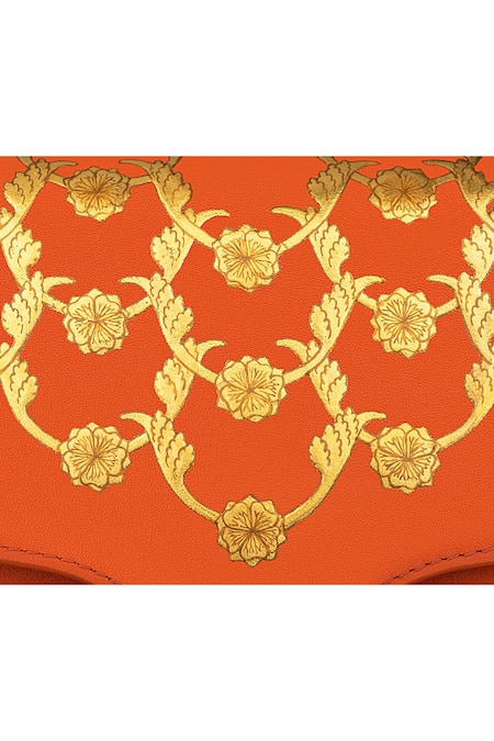 Shop Aranyani Orange Glided Champa Flower Gold Pattern The Clutch Online at Aza Fashions Shop_Aranyani_Orange Glided Champa Flower Gold Pattern The Clutch_Online_at_Aza_Fashions