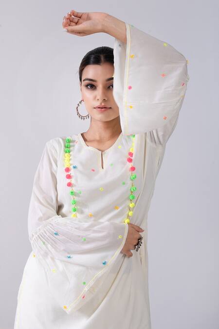 Kacha Tanka_Ivory Cotton Voile Embellished Pom Comtesses Kurta And Chorno Dhoti Pant Set _Online_at_Aza_Fashions