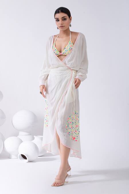 Buy Kacha Tanka Ivory Cotton Embroidery V-neck Thread Wrap Dress With Bralette Online at Aza Fashions Buy_Kacha Tanka_Ivory Cotton Embroidery V-neck Thread Wrap Dress With Bralette _Online_at_Aza_Fashions