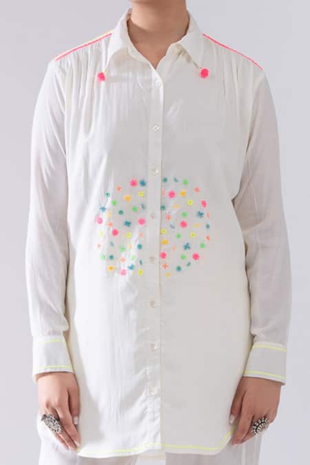 Kacha Tanka Ivory Cotton Pom-poms Collared Thread Embroidered Short Kurta And Pant Set Online at Aza Fashions Kacha Tanka_Ivory Cotton Pom-poms Collared Thread Embroidered Short Kurta And Pant Set _Online_at_Aza_Fashions