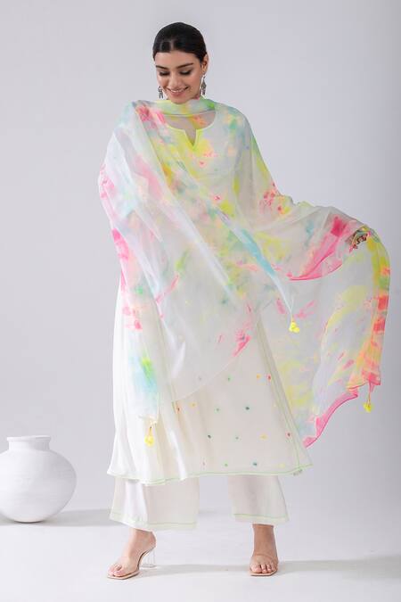 Buy_Kacha Tanka_Ivory Cotton, Chiffon Tassels, Embroidery Split Thread Anarkali And Palazzo Set _Online_at_Aza_Fashions