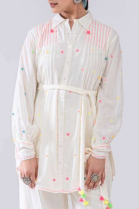 Kacha Tanka_Ivory Cotton Voile Embroidery Pom Comtesses Scattered Thread Shirt And Pant Set _Online_at_Aza_Fashions