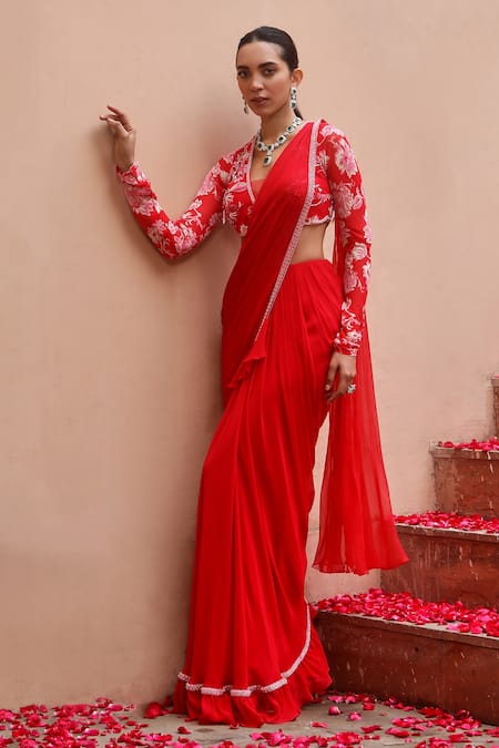 Dheeru Taneja_Red Georgette Beads, Pearls Gul Ruffle Pre-draped Saree With Printed Blouse _Online_at_Aza_Fashions