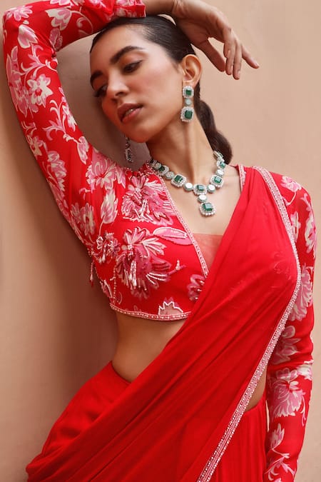 Buy Red Georgette Gul Ruffle Pre-draped Saree With Printed Blouse For Women  by Dheeru Taneja Online at Aza Fashions.