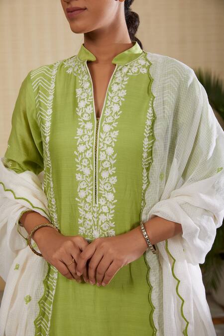 Kefi Collections_Green Silk, Kota Doria Embroidery, Cut Work Gulmohar Printed Kurta Sharara Set_Online_at_Aza_Fashions