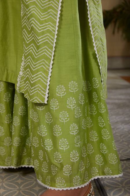 Buy_Kefi Collections_Green Silk, Kota Doria Embroidery, Cut Work Gulmohar Printed Kurta Sharara Set_Online_at_Aza_Fashions