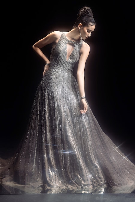 Rohit Gandhi + Rahul Khanna_Purple Tulle Embroidery Round Neck Astral Flared Gown _Online_at_Aza_Fashions