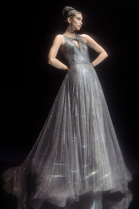 Buy_Rohit Gandhi + Rahul Khanna_Purple Tulle Embroidery Round Neck Astral Flared Gown _Online_at_Aza_Fashions