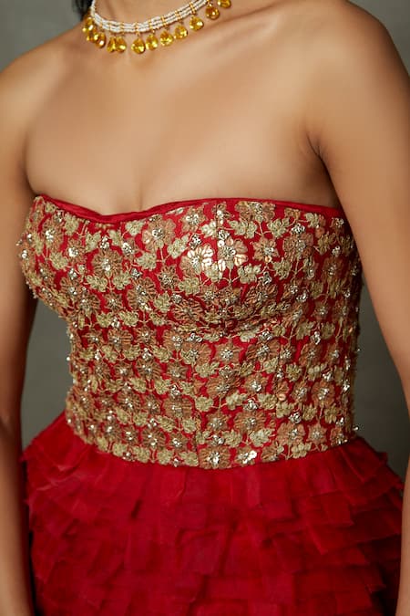 Buy_RI.Ritu Kumar_Red Polyester Embroidered Dori Sweetheart Neck Villa Floral Bandeau Frill Dress_Online_at_Aza_Fashions