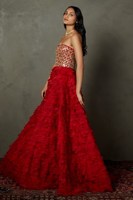 Shop_RI.Ritu Kumar_Red Polyester Embroidered Dori Sweetheart Neck Villa Floral Bandeau Frill Dress_Online_at_Aza_Fashions