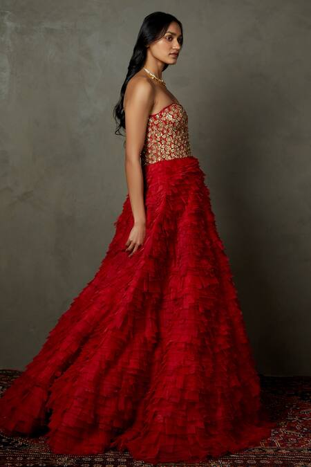 RI.Ritu Kumar_Red Polyester Embroidered Dori Sweetheart Neck Villa Floral Bandeau Frill Dress_at_Aza_Fashions
