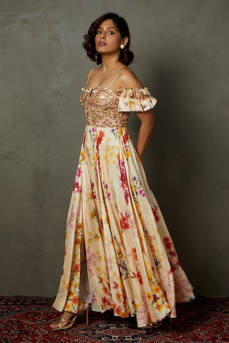 RI.Ritu Kumar_Off White Silk Printed Zardozi Sweetheart Neck Floral And Embroidered Gown _Online_at_Aza_Fashions