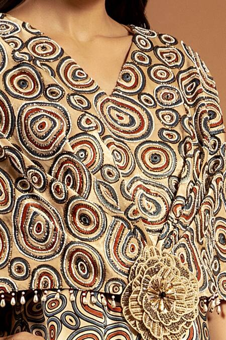 Shop_Sejal Kamdar_Beige Pure Satin Crepe And Gajji Silk Print & Ajrakh Wide Leg Jumpsuit  