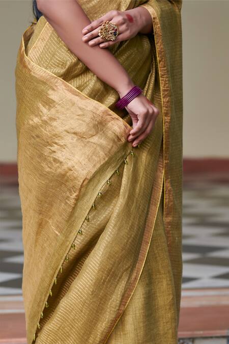 Dressfolk_Green Linen Beads, Zari Geet Handwoven Saree With Running Blouse_Online_at_Aza_Fashions