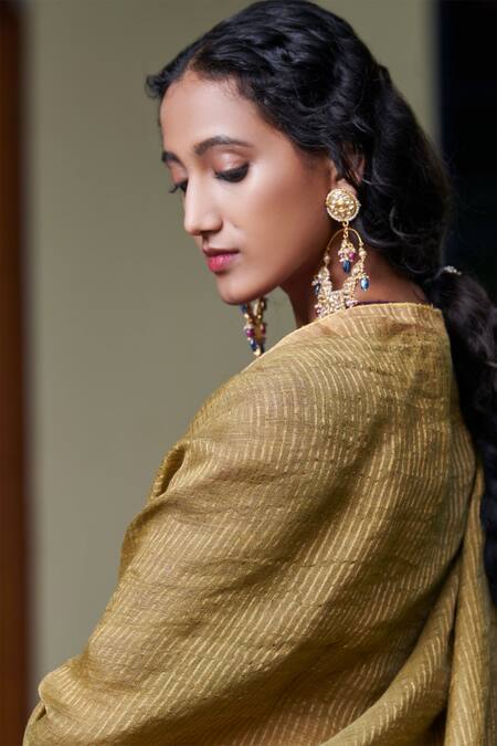 Shop_Dressfolk_Green Linen Beads, Zari Geet Handwoven Saree With Running Blouse_Online_at_Aza_Fashions