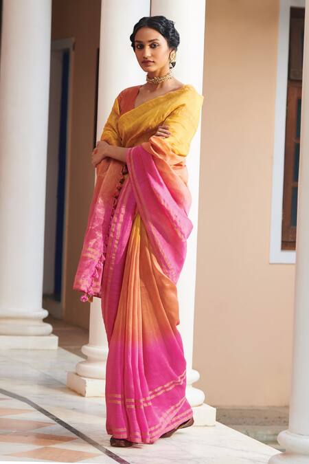 Dressfolk Yellow Silk, Linen Zari, Tassels Ghul Mil Ombre Saree With Running Blouse Online at Aza Fashions Dressfolk_Yellow Silk, Linen Zari, Tassels Ghul Mil Ombre Saree With Running Blouse_Online_at_Aza_Fashions