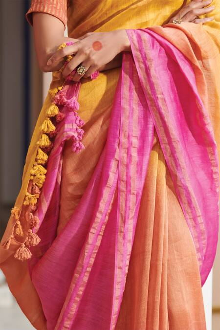 Buy Dressfolk Yellow Silk, Linen Zari, Tassels Ghul Mil Ombre Saree With Running Blouse Online at Aza Fashions Buy_Dressfolk_Yellow Silk, Linen Zari, Tassels Ghul Mil Ombre Saree With Running Blouse_Online_at_Aza_Fashions