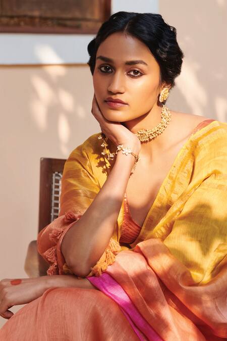 Shop Dressfolk Yellow Silk, Linen Zari, Tassels Ghul Mil Ombre Saree With Running Blouse Online at Aza Fashions Shop_Dressfolk_Yellow Silk, Linen Zari, Tassels Ghul Mil Ombre Saree With Running Blouse_Online_at_Aza_Fashions