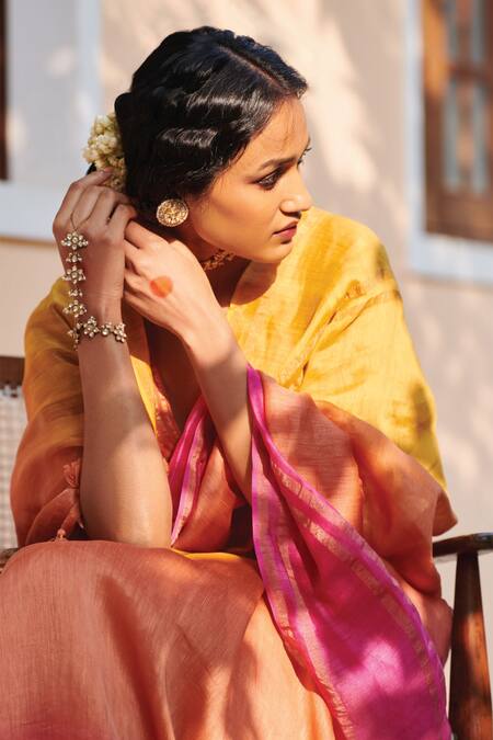 Dressfolk Yellow Silk, Linen Zari, Tassels Ghul Mil Ombre Saree With Running Blouse at Aza Fashions Dressfolk_Yellow Silk, Linen Zari, Tassels Ghul Mil Ombre Saree With Running Blouse_at_Aza_Fashions