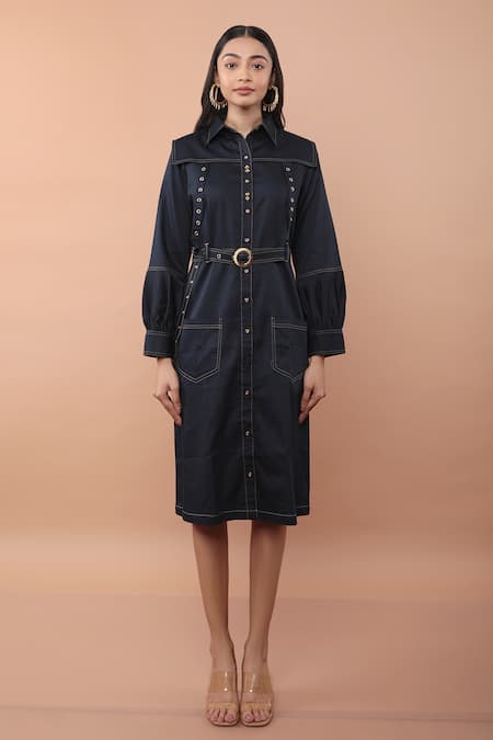 Veera Wear_Blue Cotton Collared Glory Front Pocketed Dress _Online_at_Aza_Fashions