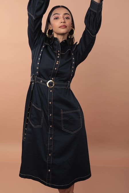 Buy_Veera Wear_Blue Cotton Collared Glory Front Pocketed Dress _Online_at_Aza_Fashions