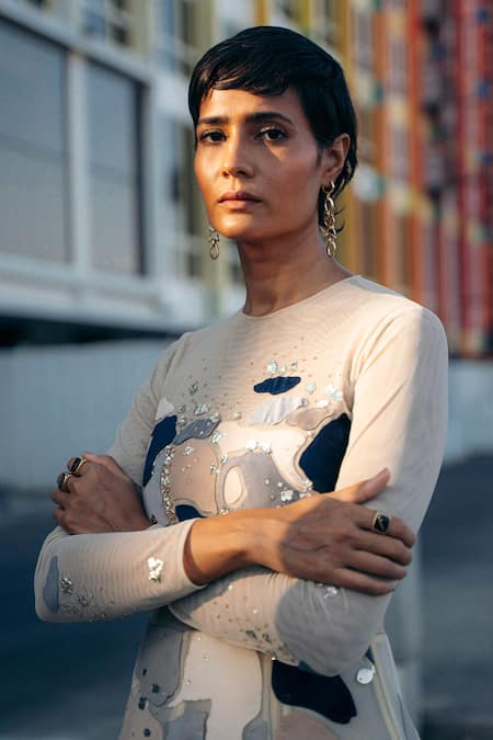 Sahil Kochhar_Beige Net Sequins, Embroidery Round Neck Gohar Abstract Applique Work Gown _Online_at_Aza_Fashions